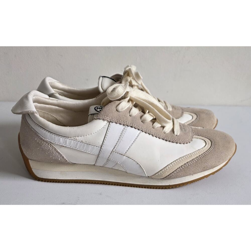 Tory Burch Hank Logo Leather Suede Lace Up Sneakers White Beige Size 10 - Picture 2 of 10